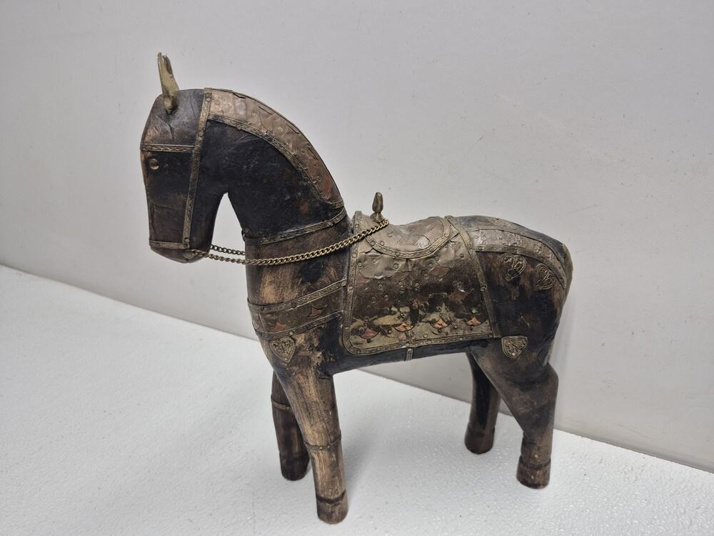 Antique Hand Carved Wooden Horse Hammered Copper & Brass Inlay